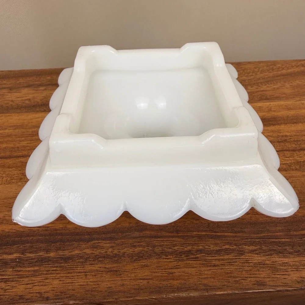 Vintage Milk Glass Hurricane Lamp Base Scalloped Square Ivy Leaf Gold Trim 7in
